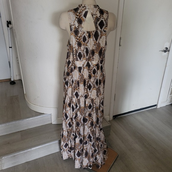 MAEVE  Snakeskin Print Maxi Dress Sleeveless Button Front Tiered Skirt High Neck - Picture 8 of 14